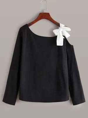 Asymmetrical Neck Tie Shoulder Tee