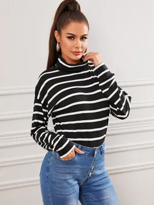 Black And White Striped High Neck Tee