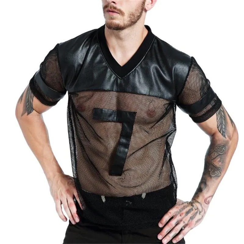 Black Faux Leather with Sexy See Through Mesh Design Men V Neck T-shirt