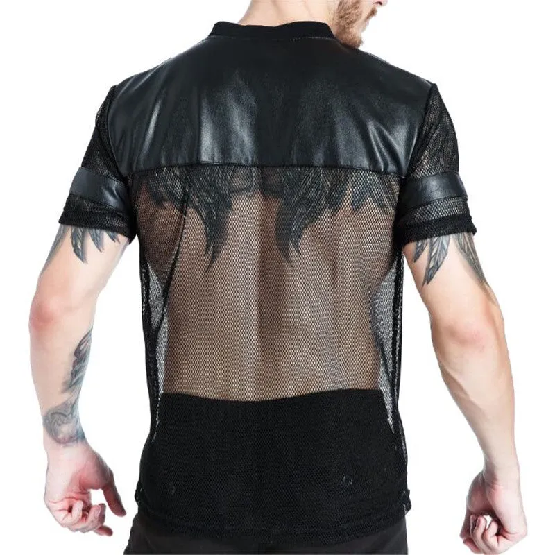 Black Faux Leather with Sexy See Through Mesh Design Men V Neck T-shirt