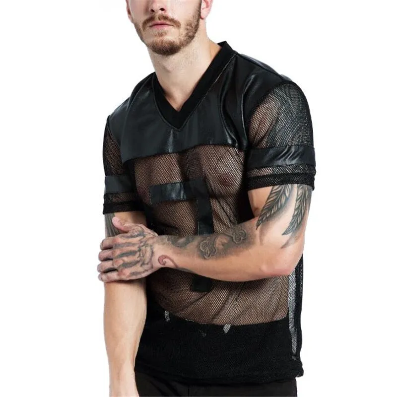 Black Faux Leather with Sexy See Through Mesh Design Men V Neck T-shirt