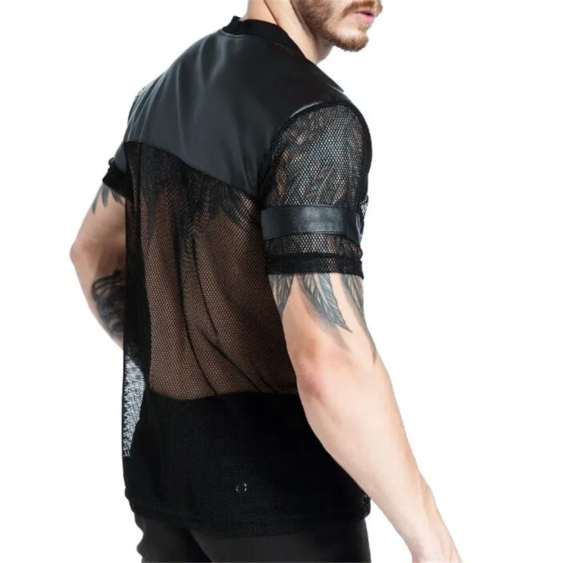 Black Faux Leather with Sexy See Through Mesh Design Men V Neck T-shirt