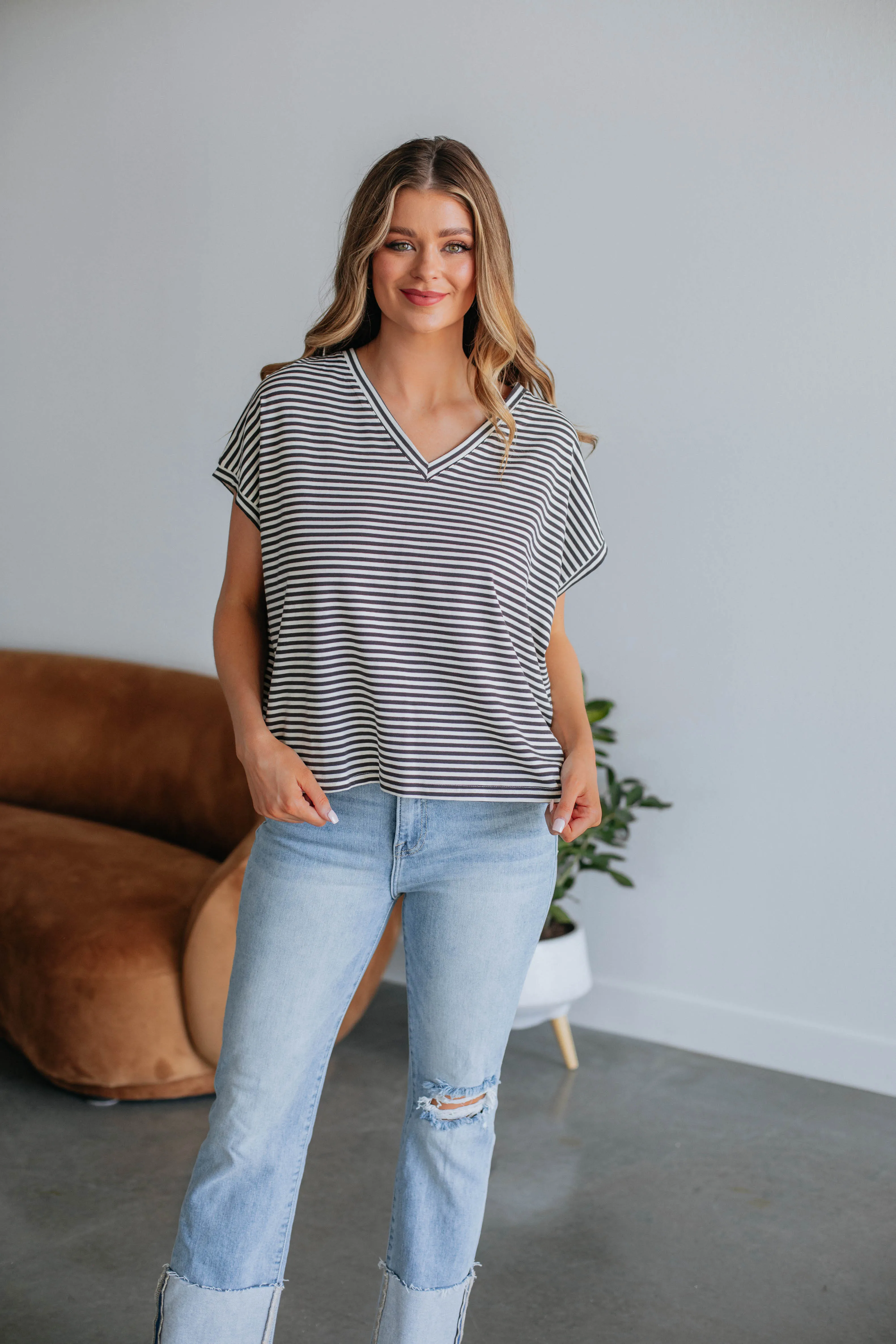 Calvin Striped Top - Charcoal