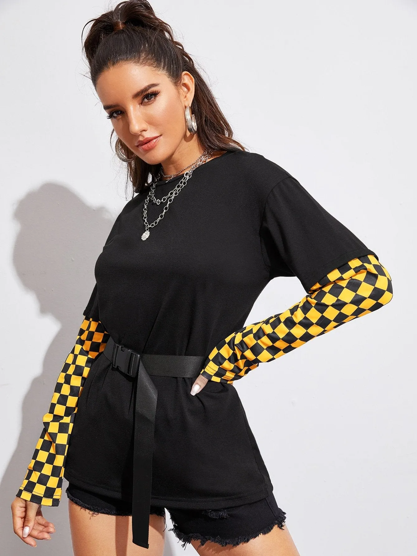 Contrast Checker Sleeve Belted Tee