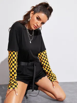 Contrast Checker Sleeve Belted Tee