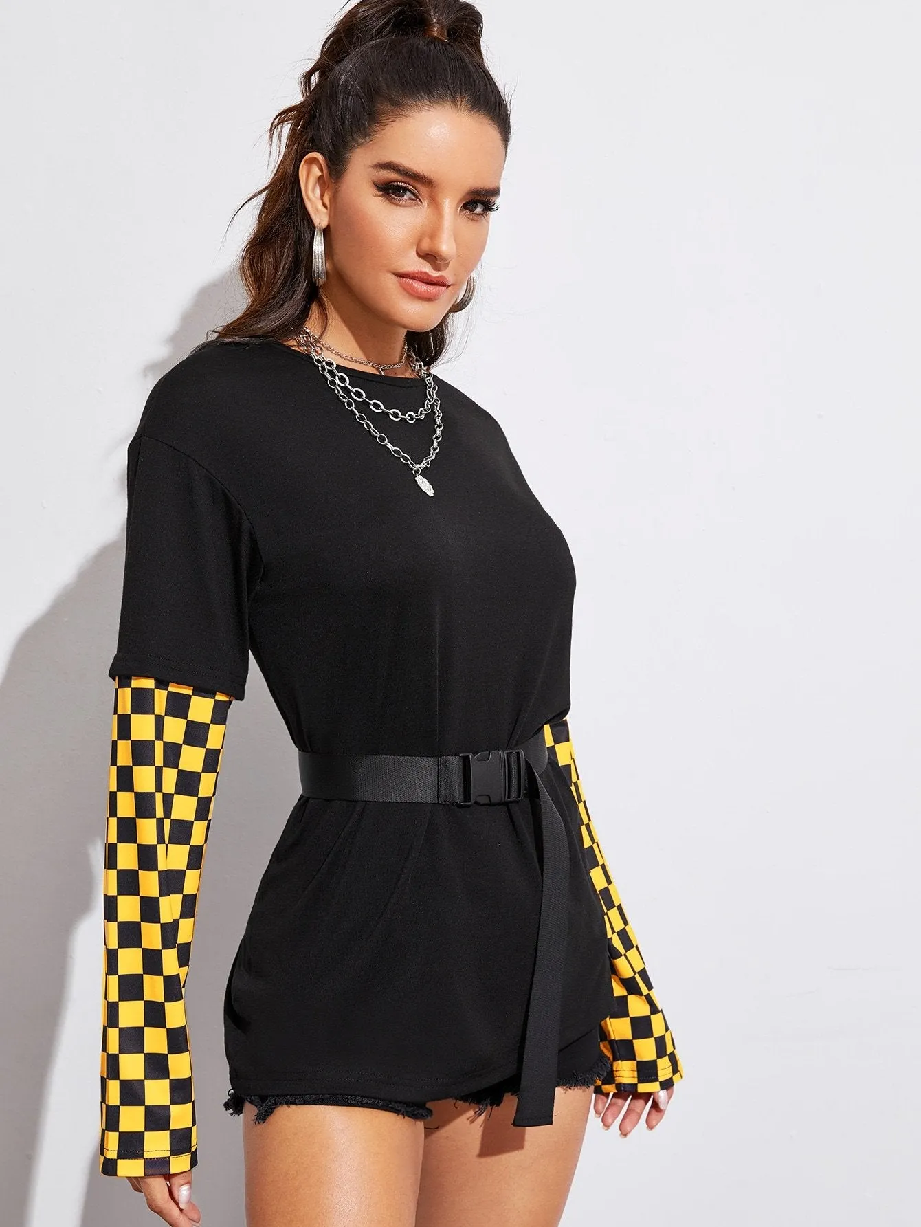 Contrast Checker Sleeve Belted Tee