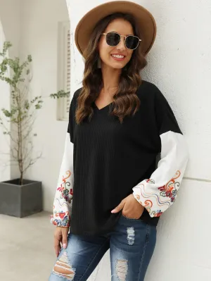 Contrast Sleeve Floral Embroidery Jumper