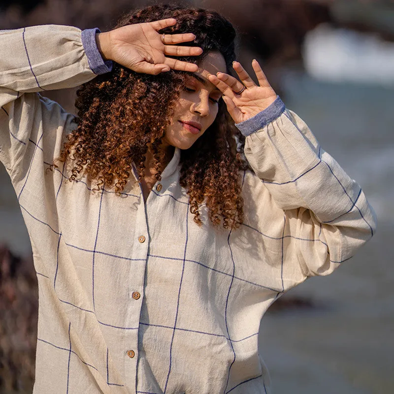 Cotton Oversized Shirt for Women | Cream & Blue | Checkered