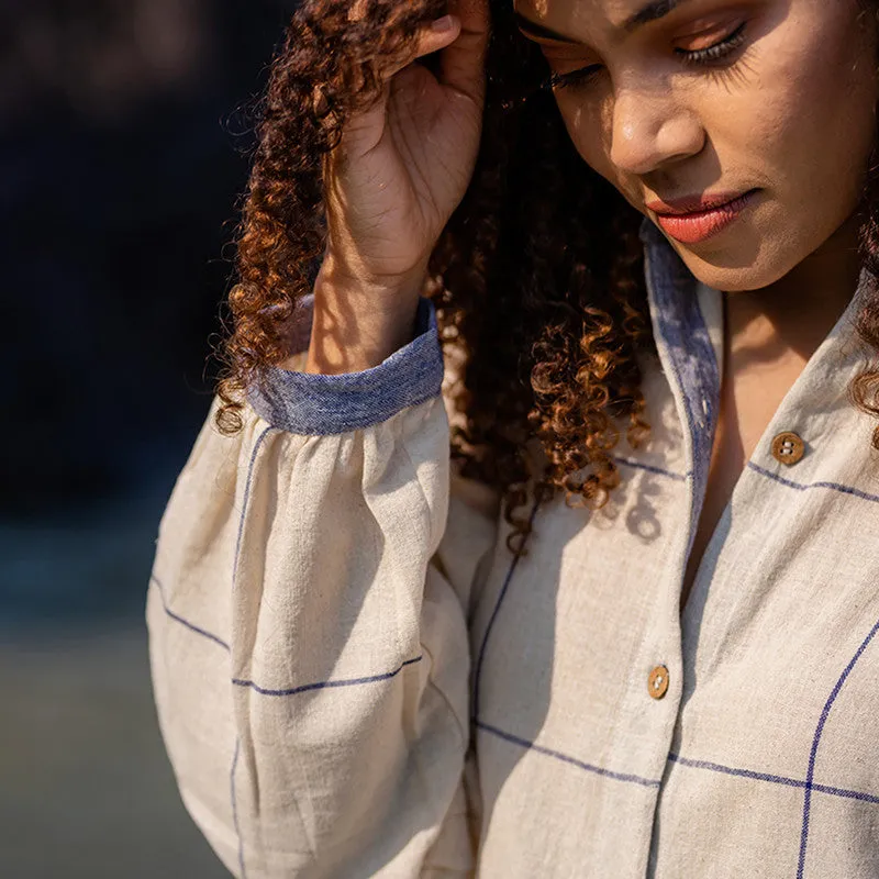 Cotton Oversized Shirt for Women | Cream & Blue | Checkered