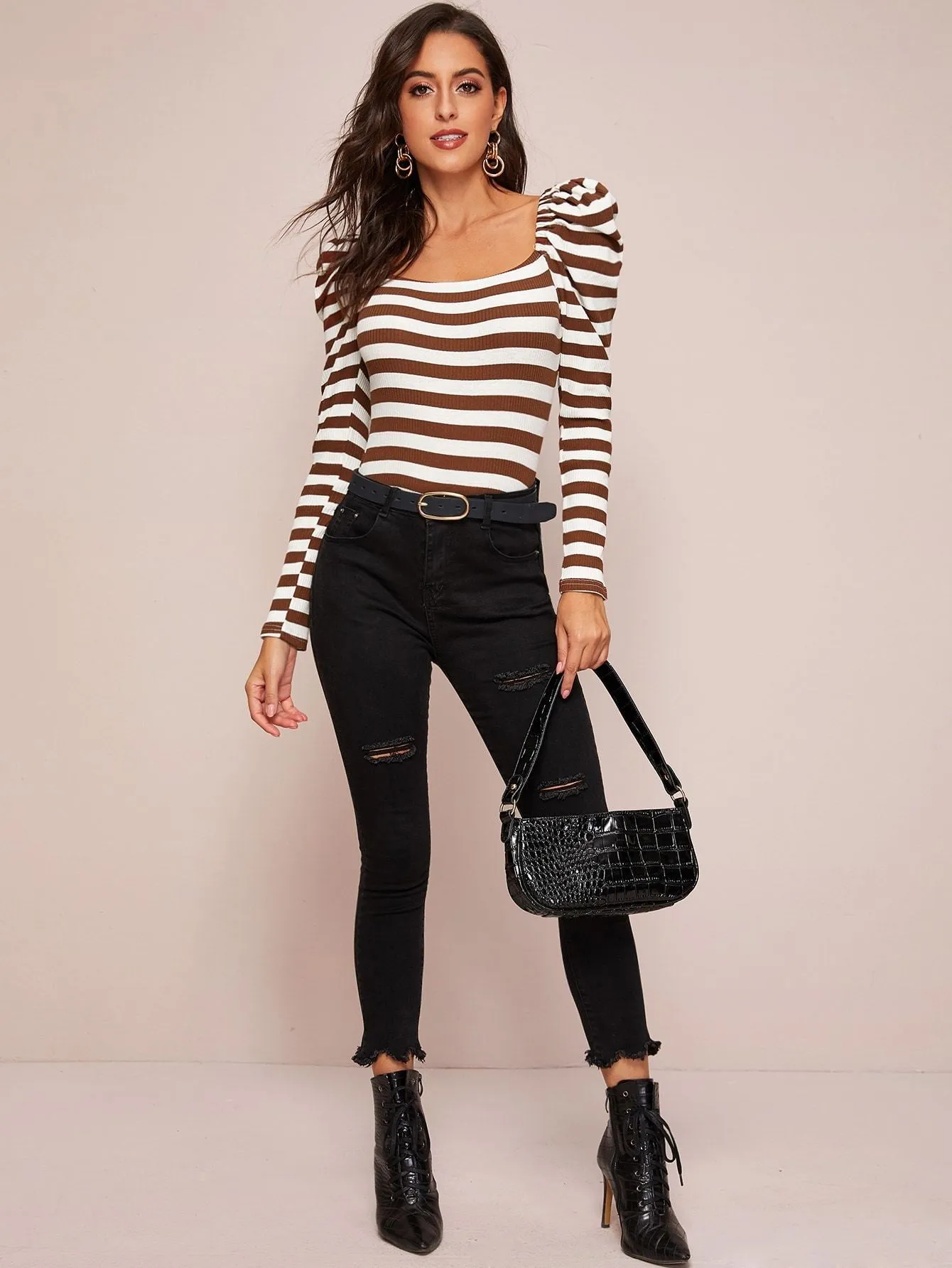 Gigot Sleeve Rib-knit Striped Slim Tee