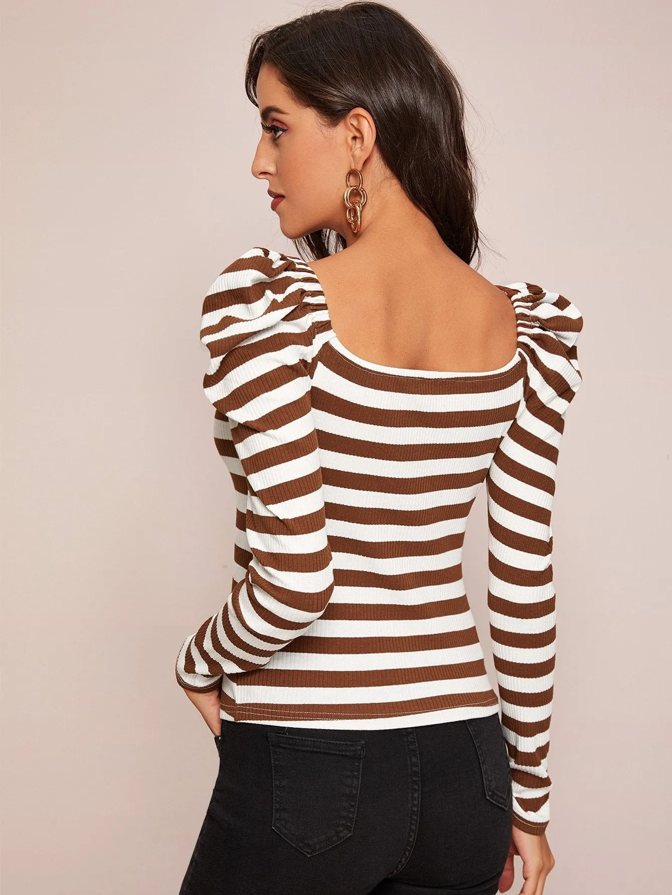 Gigot Sleeve Rib-knit Striped Slim Tee