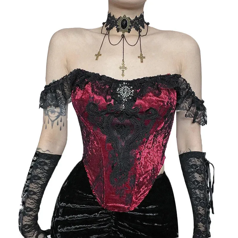 Gothic Ruched Lace Tube Victorian Crop Bustier Punk Patchwork Top