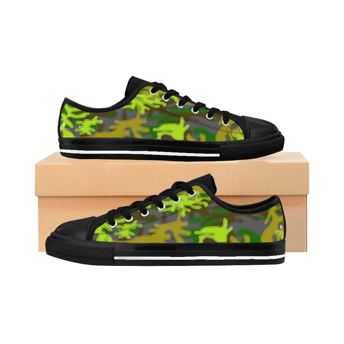 Gray Green Camo Men's Sneakers, Camouflage Military Print Low Top Canvas Fashion Shoes