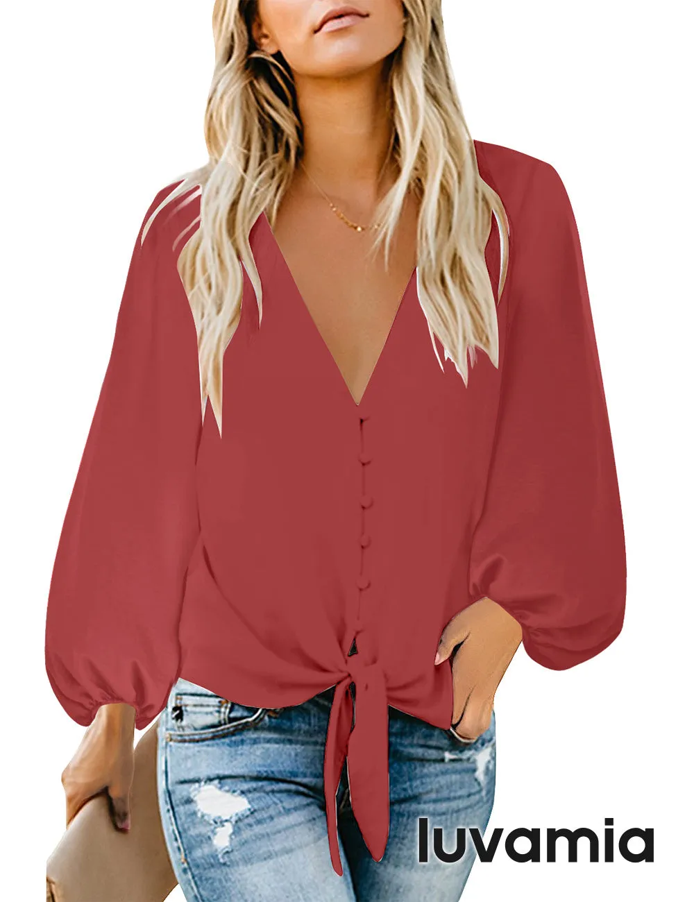 luvamia Women's Button Down Blouse V Neck Tie Knot Summer Tops Long Sleeve Shirt