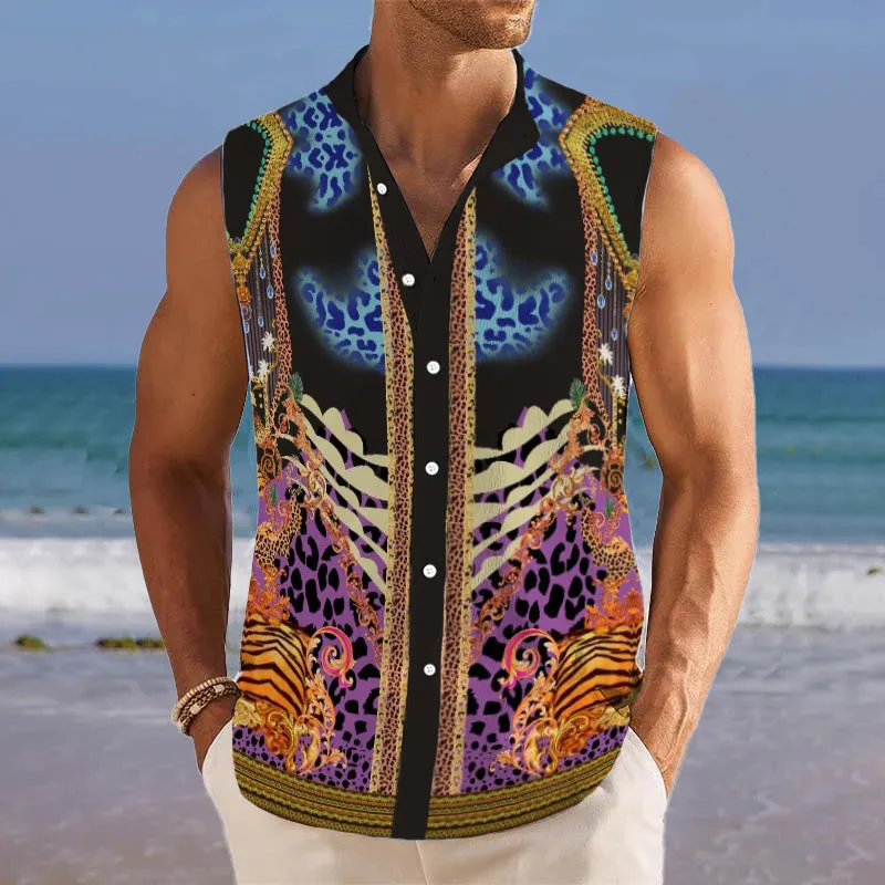 Men's Breathable Linen Lapel Beach Sleeveless Shirt 40807149YM