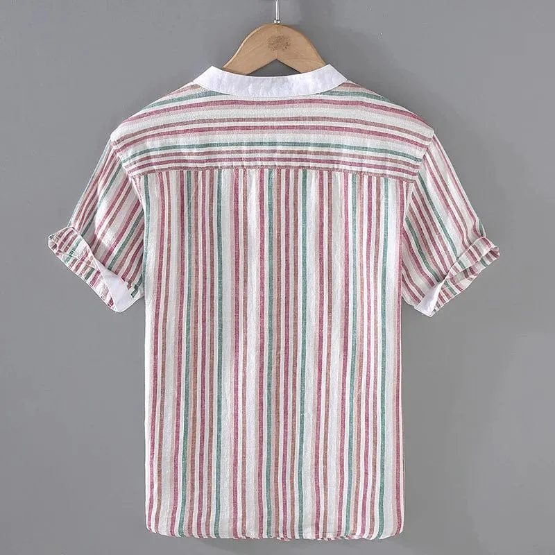 Men's Stand Collar Striped Short Sleeve Shirt – Breathable Cotton-Linen Blend, Summer Casual Fashion with Pocket