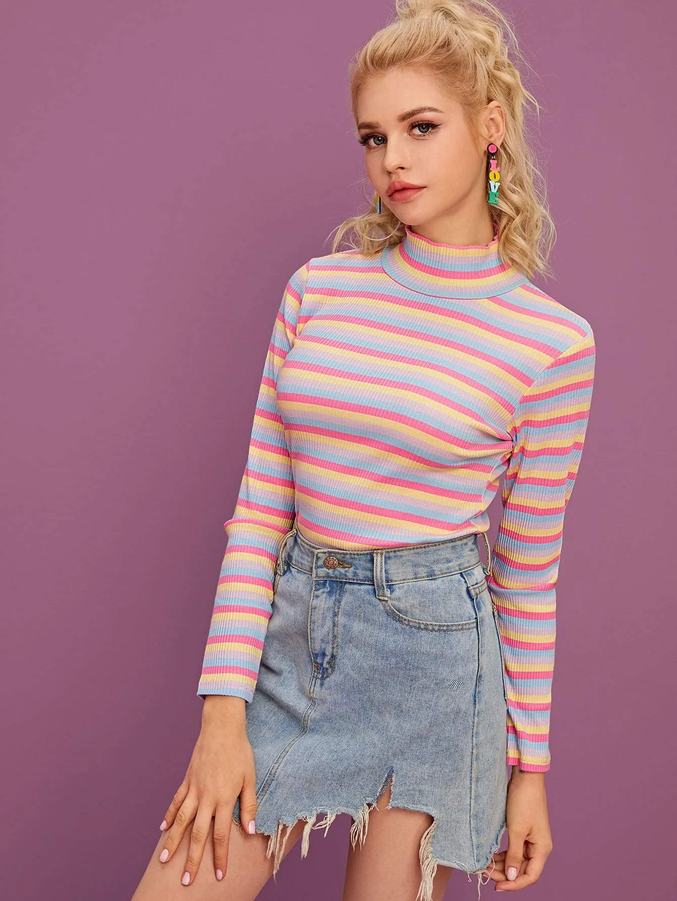 Multi-stripe Stand Collar Ribbed Tee