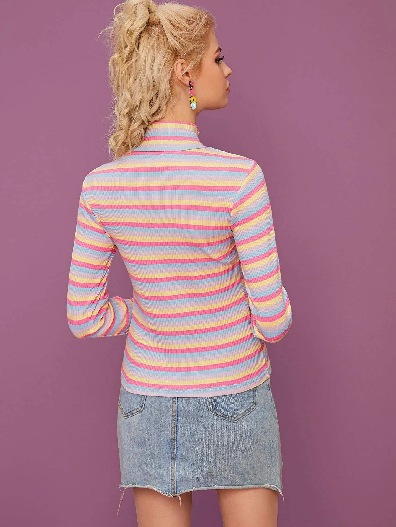 Multi-stripe Stand Collar Ribbed Tee