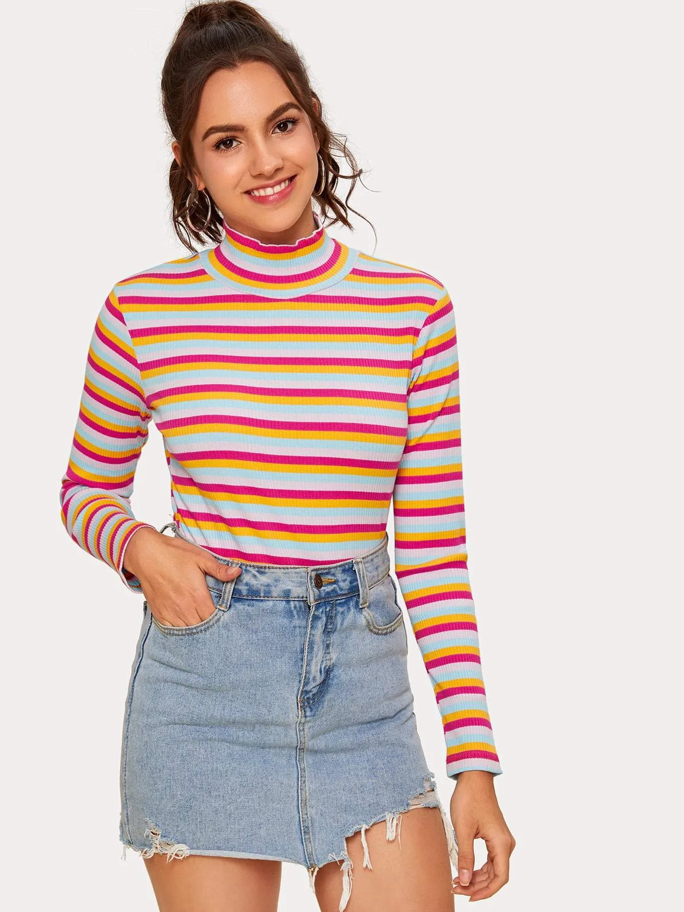 Multi-stripe Stand Collar Ribbed Tee