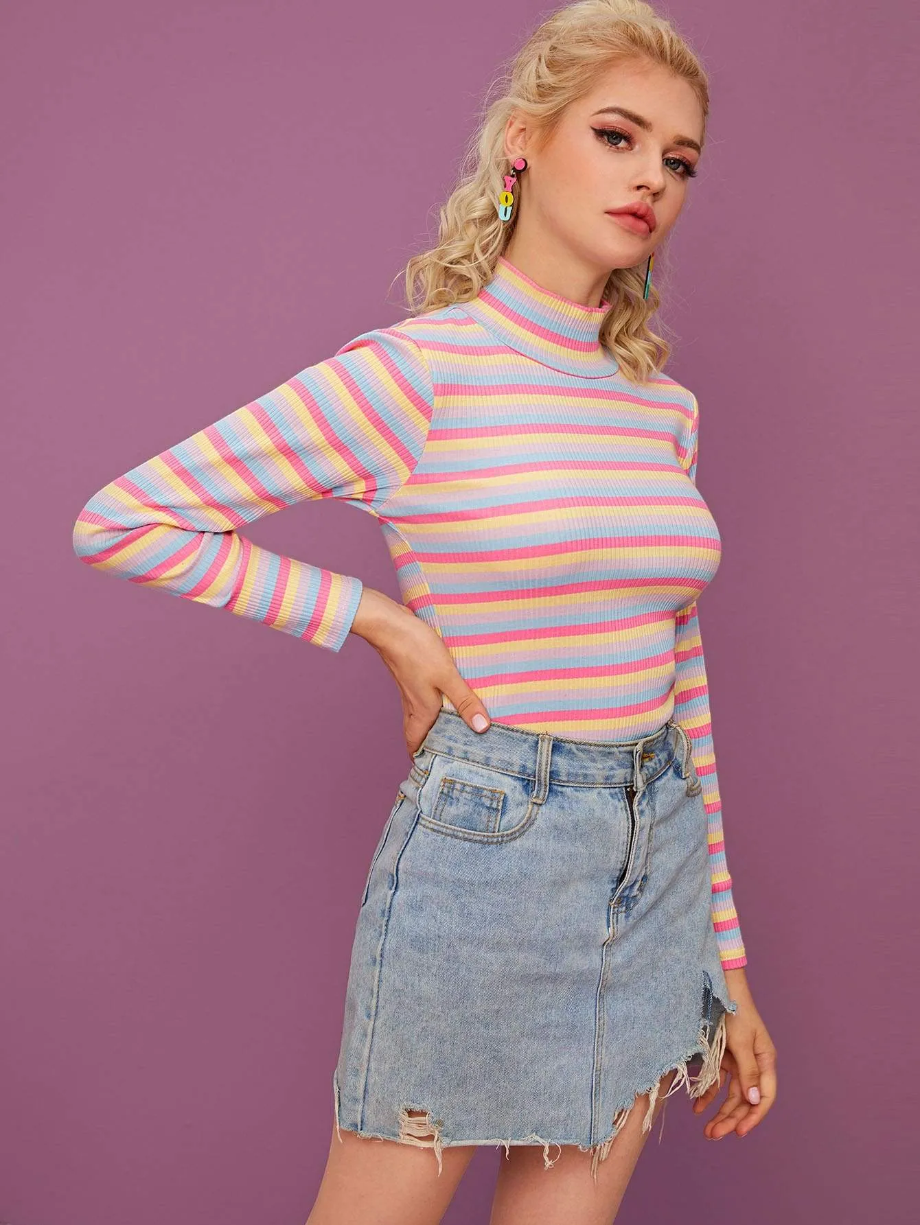 Multi-stripe Stand Collar Ribbed Tee