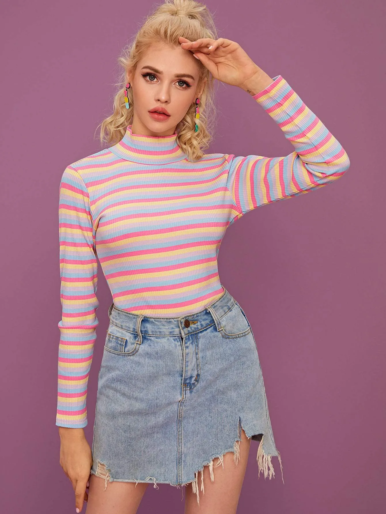 Multi-stripe Stand Collar Ribbed Tee