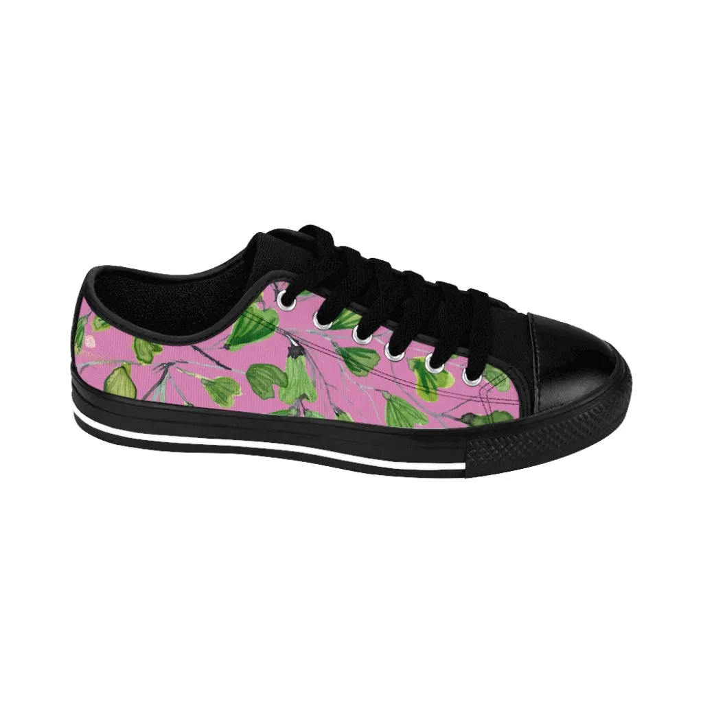 Pink Green Maidenhair Men's Sneakers, Best Tropical Leaf Print Men's Low Top Tennis Shoes