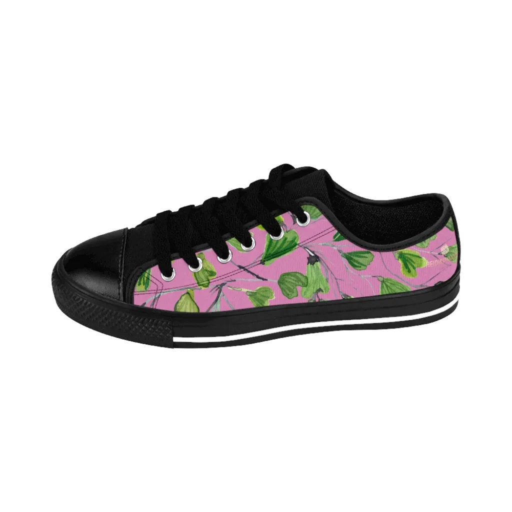 Pink Green Maidenhair Men's Sneakers, Best Tropical Leaf Print Men's Low Top Tennis Shoes