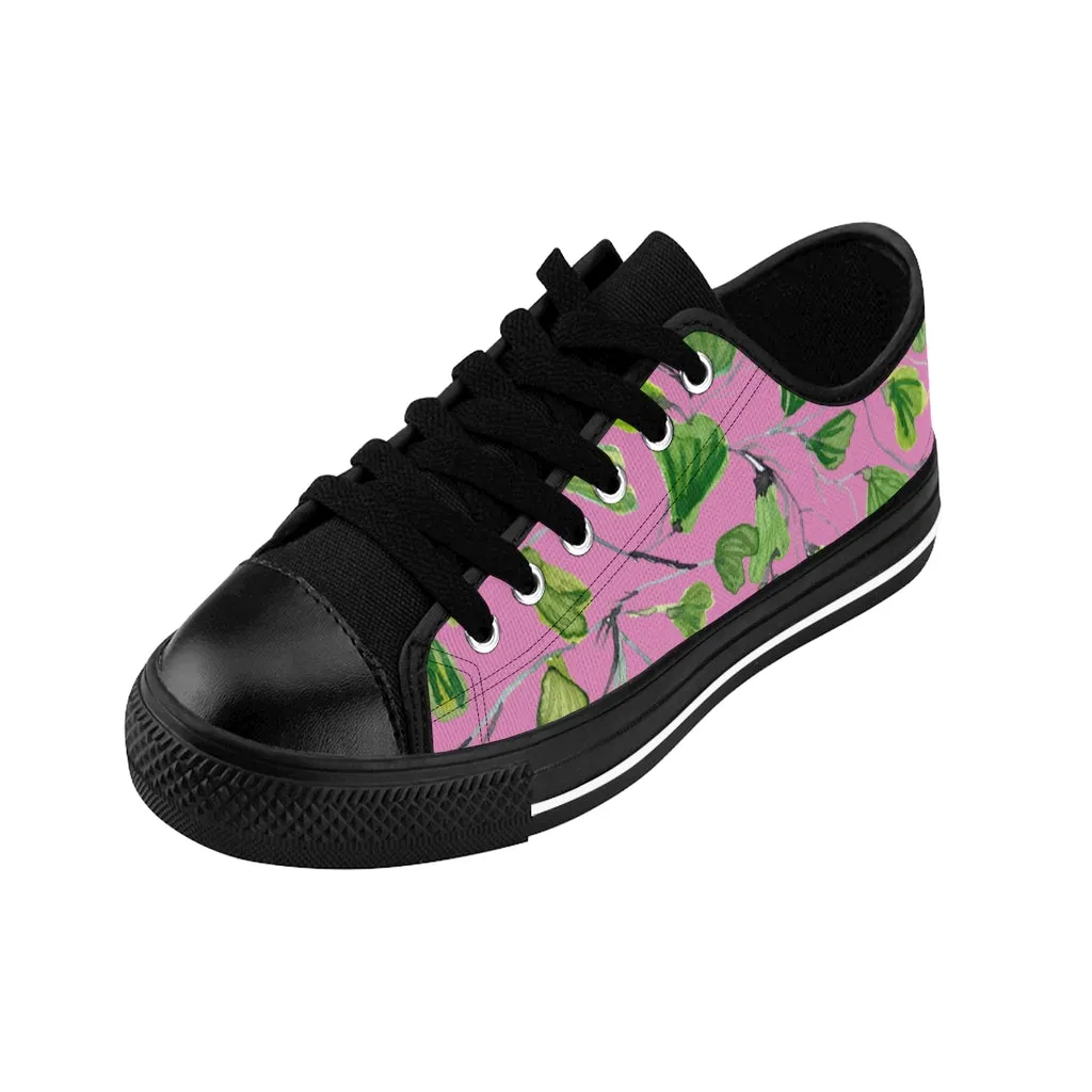 Pink Green Maidenhair Men's Sneakers, Best Tropical Leaf Print Men's Low Top Tennis Shoes