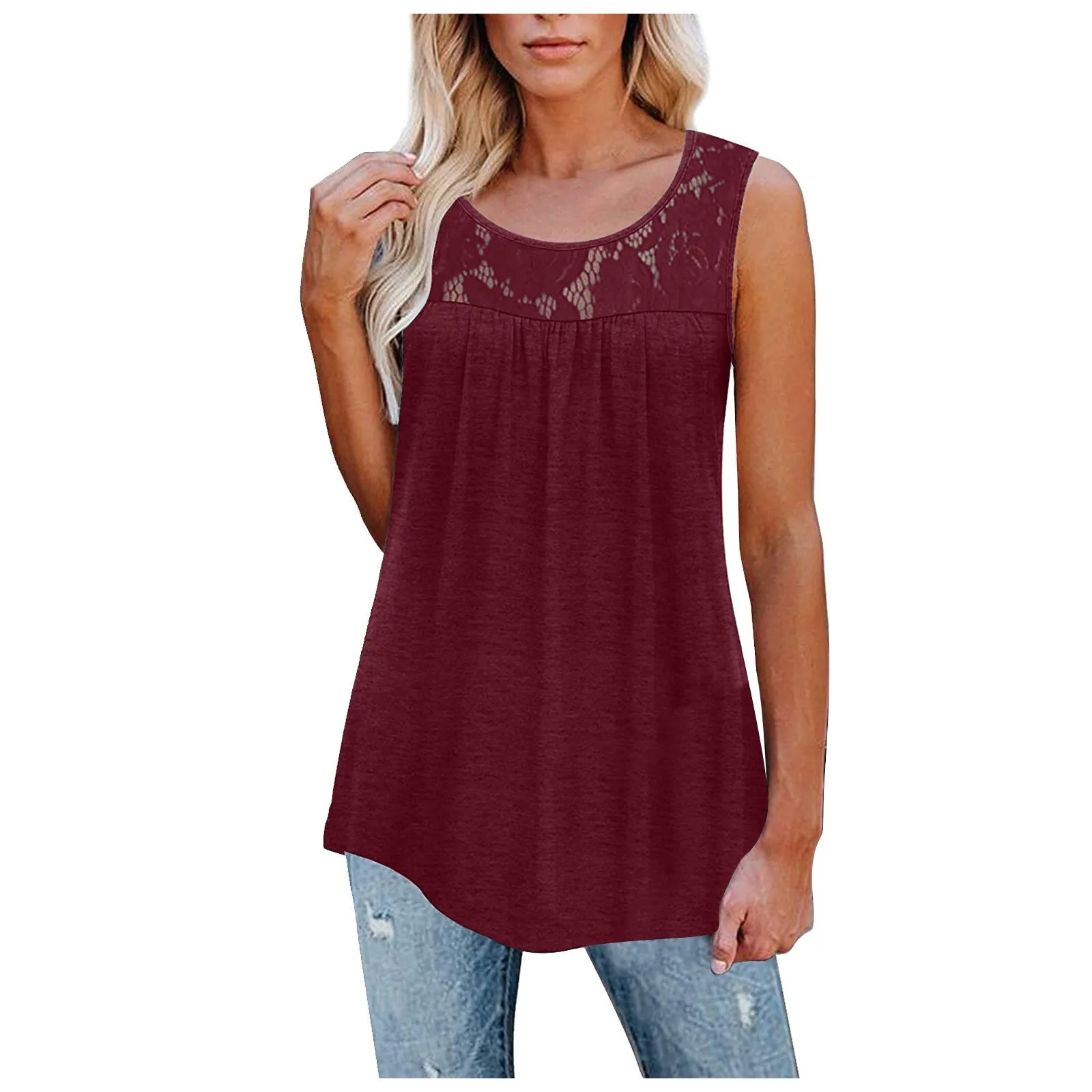 Plus Size 5XL Sexy Lace Tops Summer Women Loose O-Neck Tank Tops