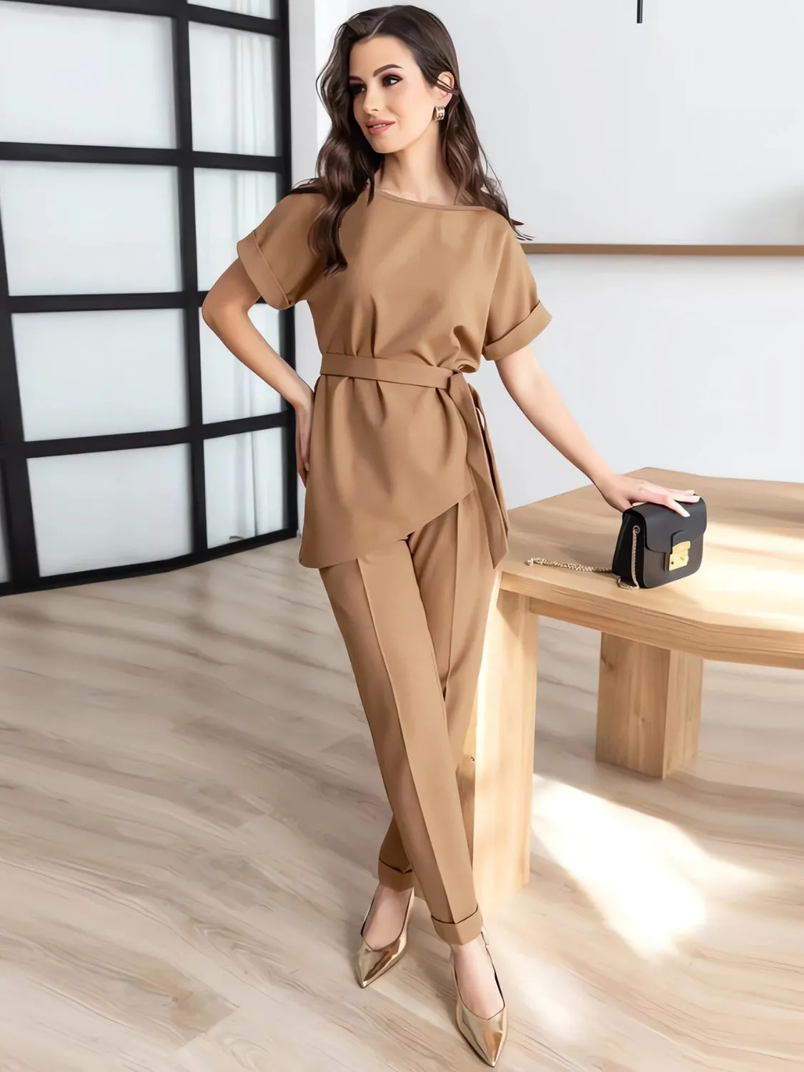 Round Neck Short Sleeve Top and Pants Set