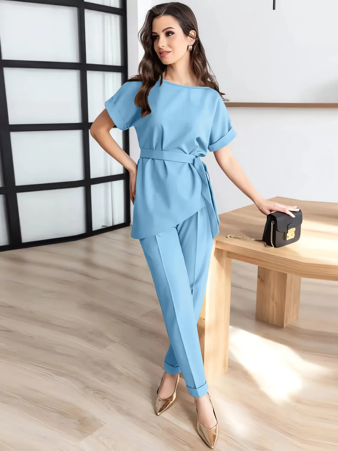 Round Neck Short Sleeve Top and Pants Set