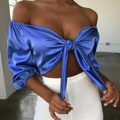 Satin Silk Crop Top with Bow Sashes and V Neck