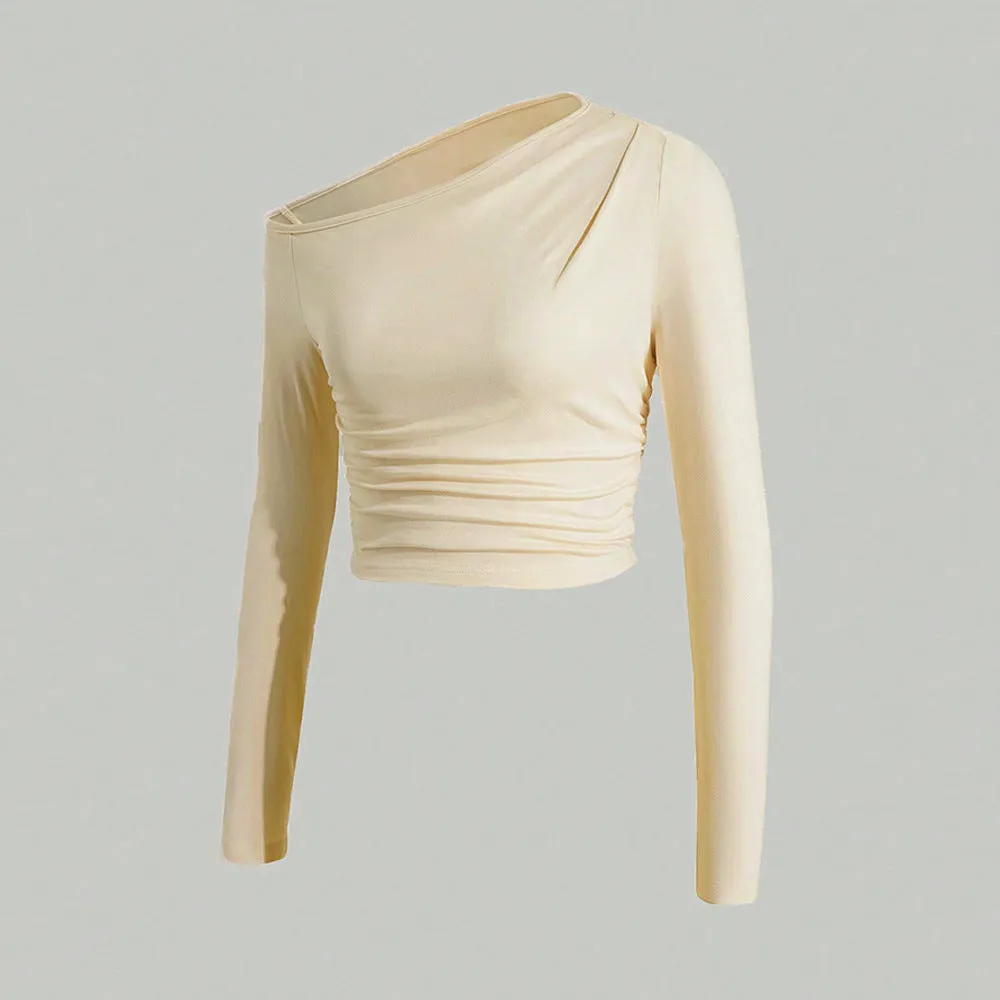 Sexy Pure Slant Shoulder Knitted Slim Pleated Long Sleeve Top