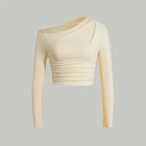 Sexy Pure Slant Shoulder Knitted Slim Pleated Long Sleeve Top