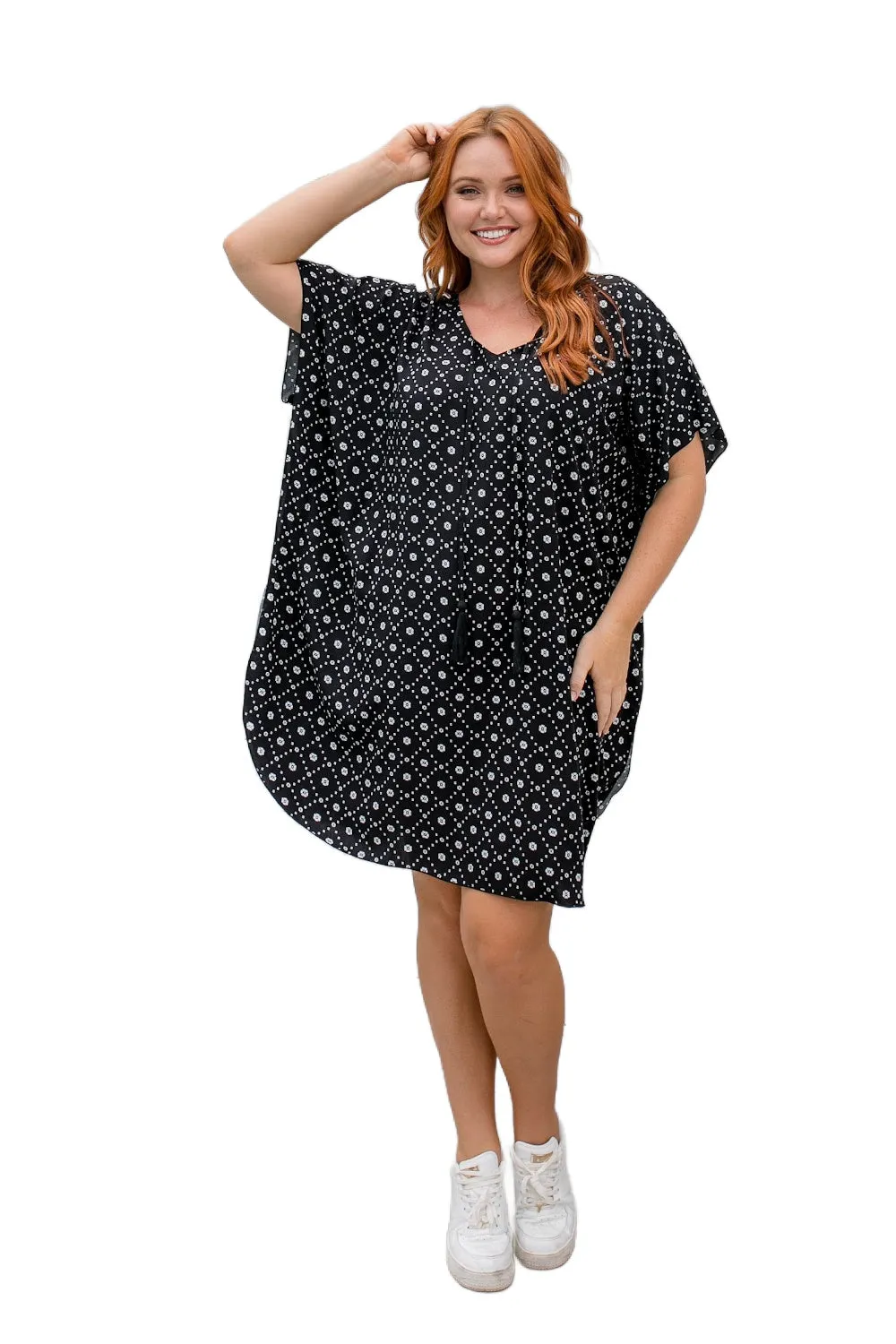 Short Kaftan Dress - Petite Geo - Black