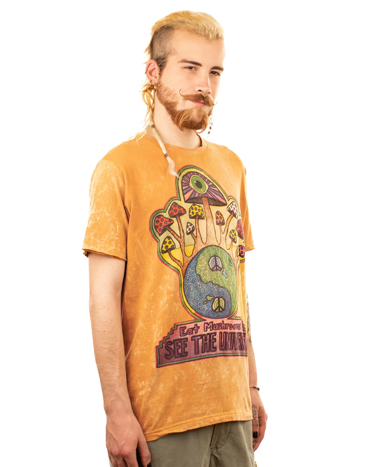 Stonewash Eat Mushrooms See The Universe Cotton T-shirt Yellow