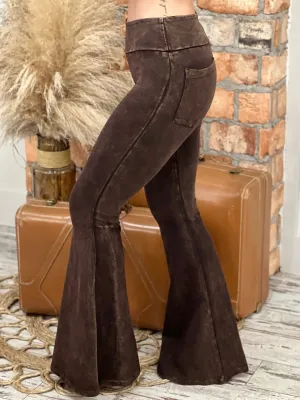 Washed Bell Bottom Flare Pants with Pockets in Brown