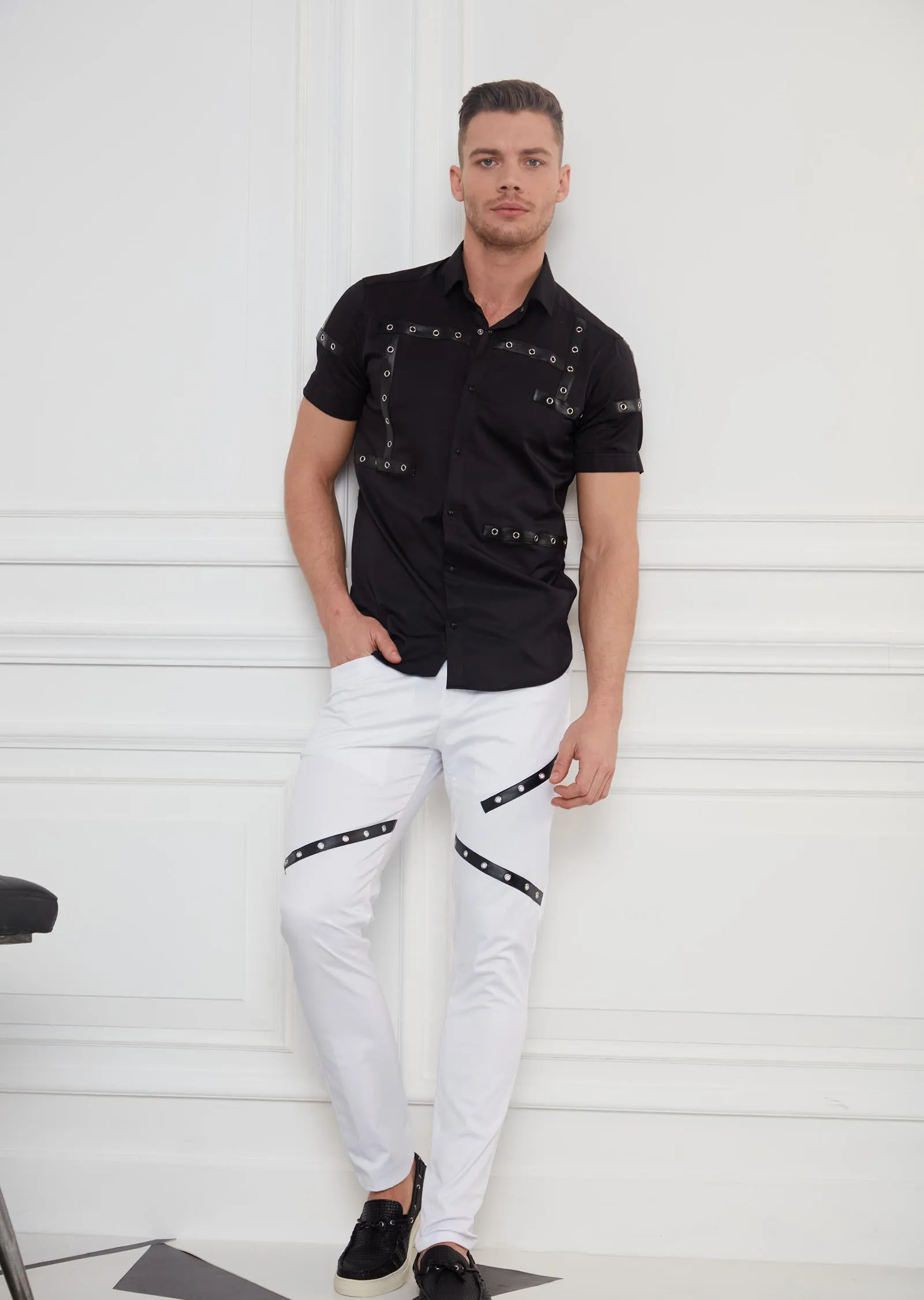 White Leather Eyelet Stretchy Pants