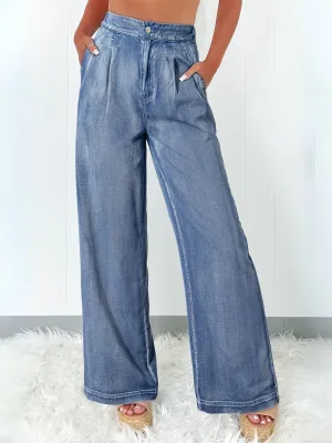 Womens Dusk Blue Acid Wash High-Waisted Wide Leg Jeans