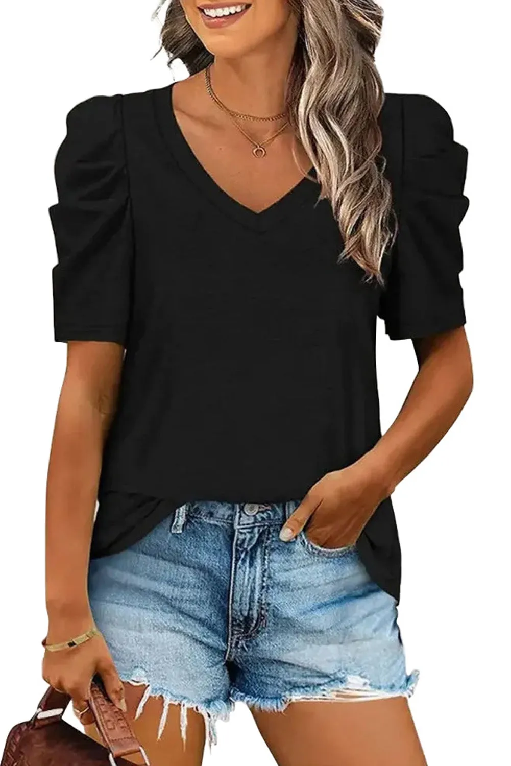 Women's Summer Casual Shirts Puff Sleeve V Neck T-Shirt