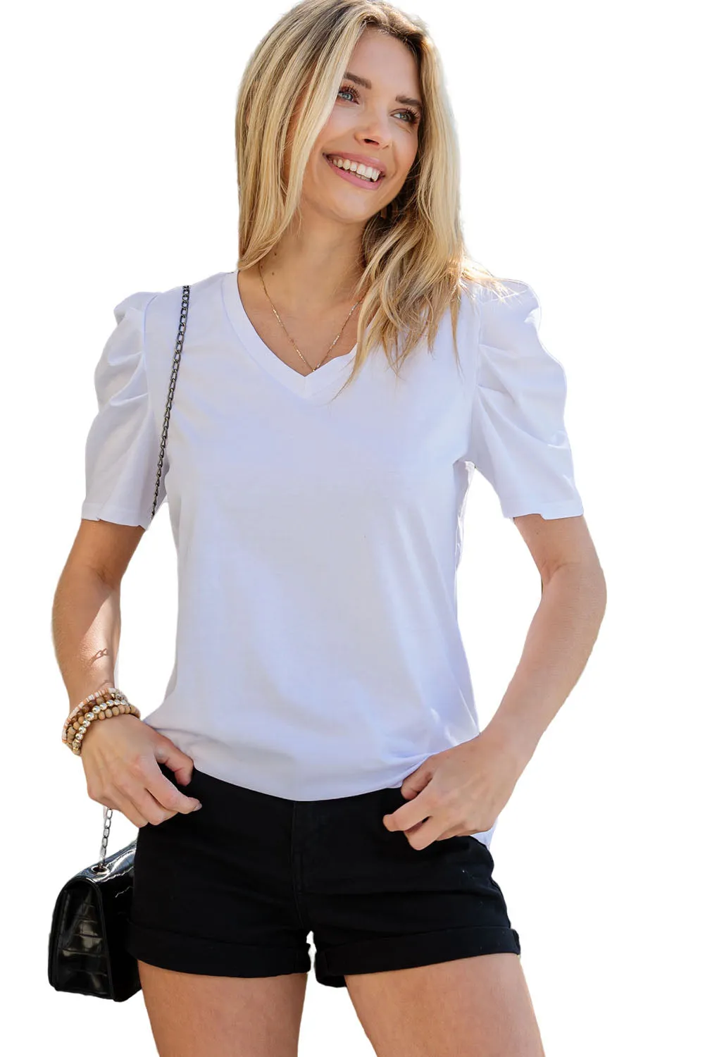 Women's Summer Casual Shirts Puff Sleeve V Neck T-Shirt