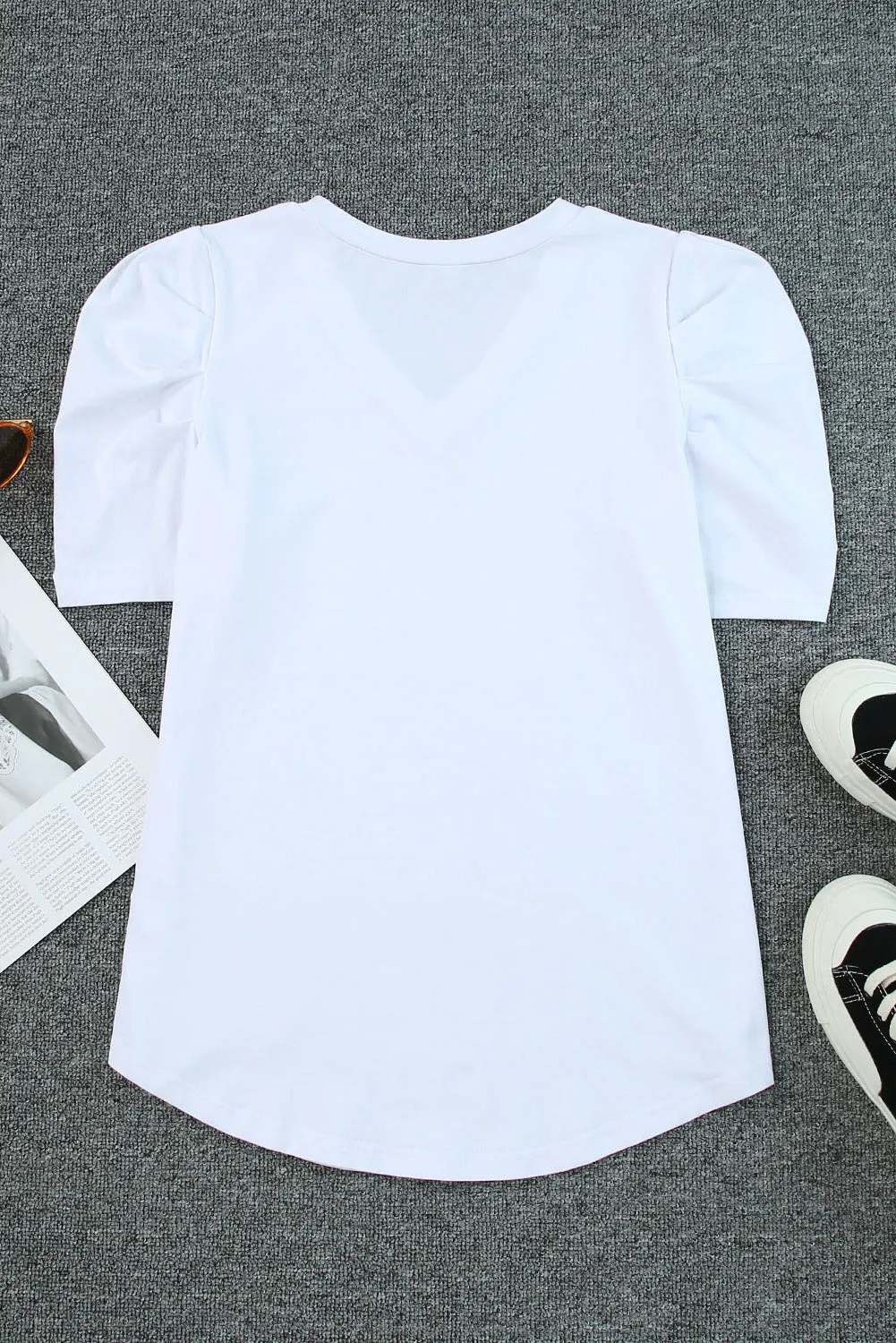 Women's Summer Casual Shirts Puff Sleeve V Neck T-Shirt