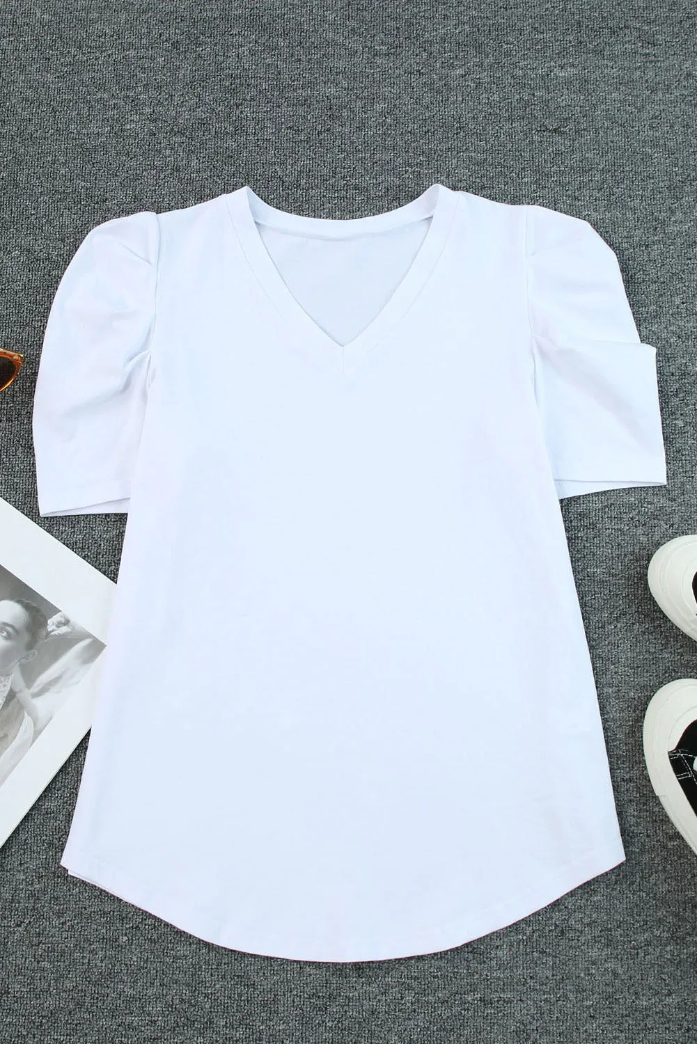 Women's Summer Casual Shirts Puff Sleeve V Neck T-Shirt