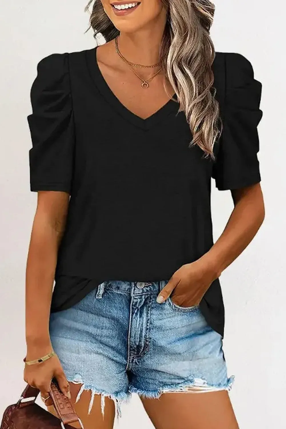 Women's Summer Casual Shirts Puff Sleeve V Neck T-Shirt