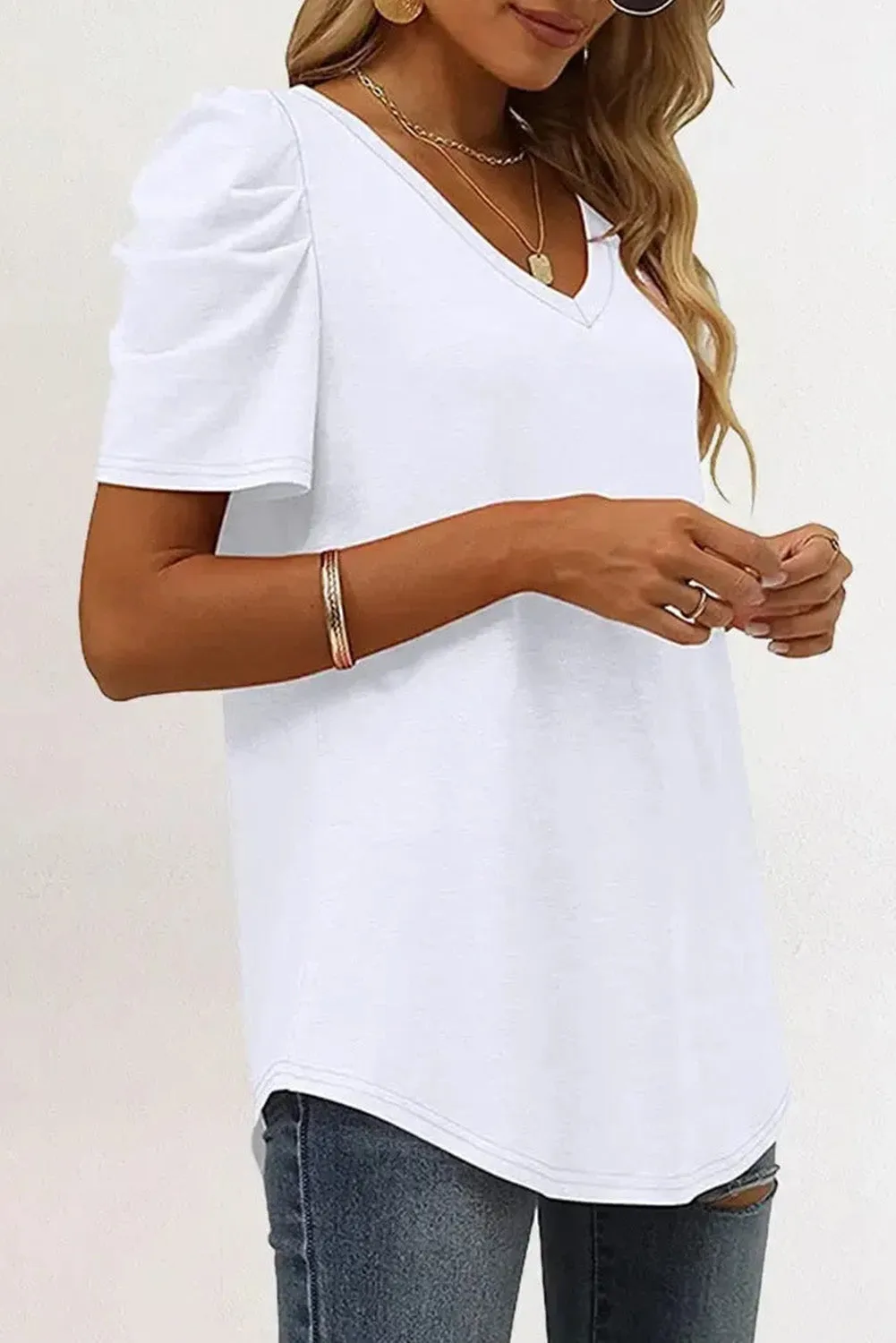 Women's Summer Casual Shirts Puff Sleeve V Neck T-Shirt