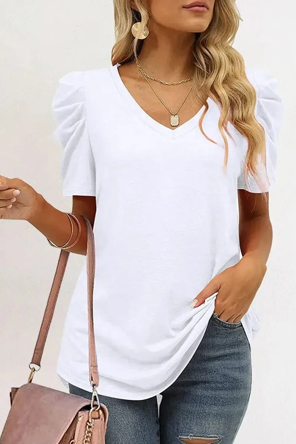 Women's Summer Casual Shirts Puff Sleeve V Neck T-Shirt